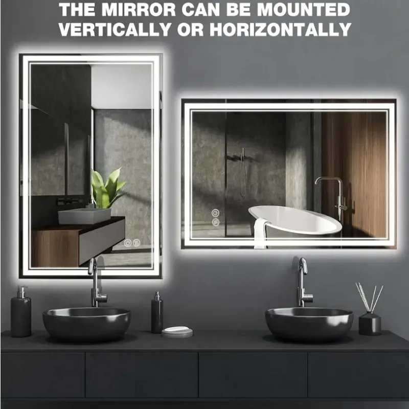 Espejo LED de 60 x 80 para baño con iluminación frontal y trasera, antivaho, regulable, 3 colores, espejo de baño LED con luces, función de memoria, espejo inteligente, montaje en pared horizontal/vertical.