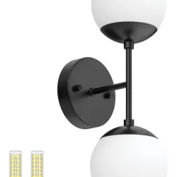 Espina de pared negra de punta Conce 2 luces, luz de cono negro, luz de pared de globo moderna 2 luces para sala de estar de restaurante Escaleras de noche Espejo de baño (6000K G9 bombillas Incluyen