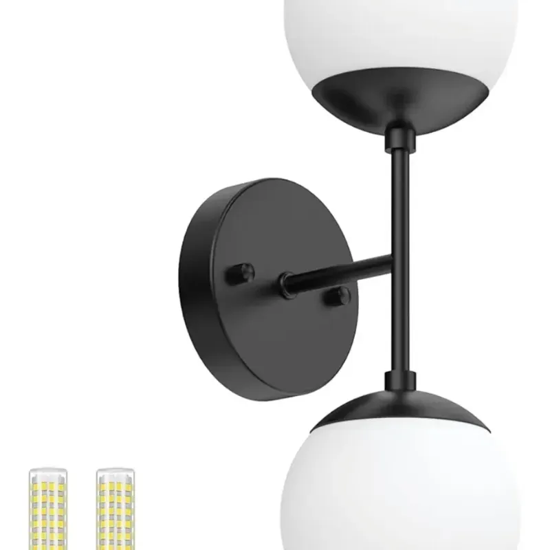Espina de pared negra de punta Conce 2 luces, luz de cono negro, luz de pared de globo moderna 2 luces para sala de estar de restaurante Escaleras de noche Espejo de baño (6000K G9 bombillas Incluyen
