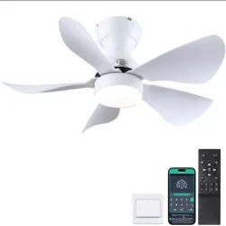 Fans de techo blanco de bajo perfil de YITAHOME con luces y control remoto y APP, ventilador moderno de montura de descarga de 26 pulgadas con motor silencioso DC reversible y dentable, ventilador interior para patio, cocina y dormitorio.