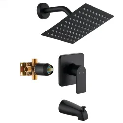Grifo de ducha de bañera negra con cabezal de ducha de lluvia de 8 pulgadas y goteo de bañera incluido con válvula de ducha, kit de llanta de ducha mate negro