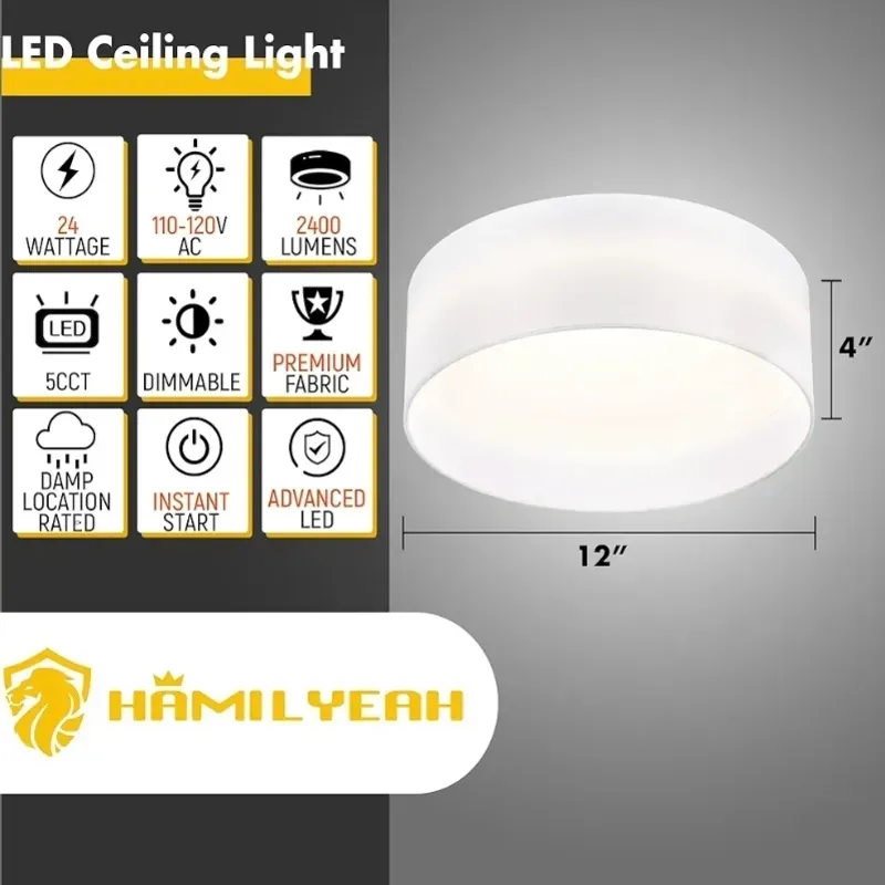 Hamilyeah Flush Mount Ceiling Light Set de 2, lámparas de techo de tambor con sombra de tela blanca, lámparas LED de 24W con soporte de techo 5CCT, adimborables cerca de las lámparas de techo para el dormitorio.