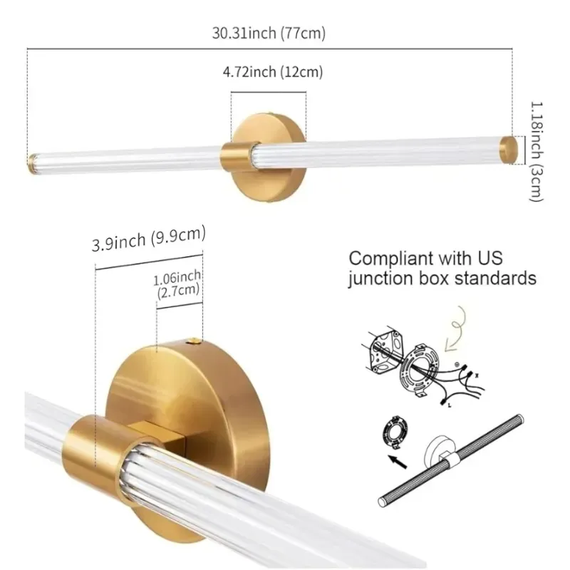 Iluminación completa de la luz del baño LED tenue Luces de vanidad 360° Iluminación completa de la luz del baño sobre el espejo Vaneidad Barra de luz de la pared moderna Concejo cálido blanco para el dormitorio Sala de estar - Oro, 30 pulgadas