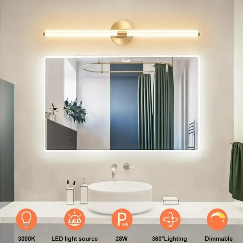 Iluminación completa de la luz del baño LED tenue Luces de vanidad 360° Iluminación completa de la luz del baño sobre el espejo Vaneidad Barra de luz de la pared moderna Concejo cálido blanco para el dormitorio Sala de estar - Oro, 30 pulgadas