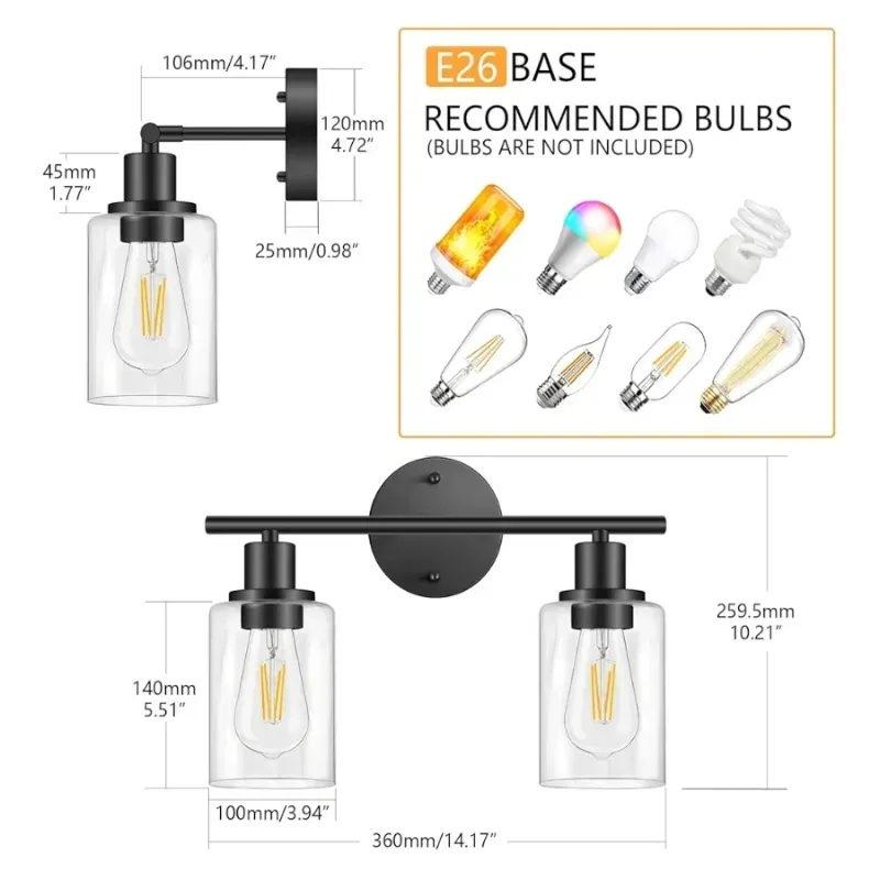 Iluminación de baño FOLKSMATE, luz de vanidad negra de 2 luminosas, iluminación de huecos de pared vintage, luces de pared de baño modernas con sombra de cristal.