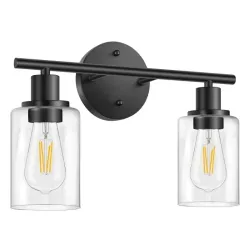 Iluminación de baño FOLKSMATE, luz de vanidad negra de 2 luminosas, iluminación de huecos de pared vintage, luces de pared de baño modernas con sombra de cristal.