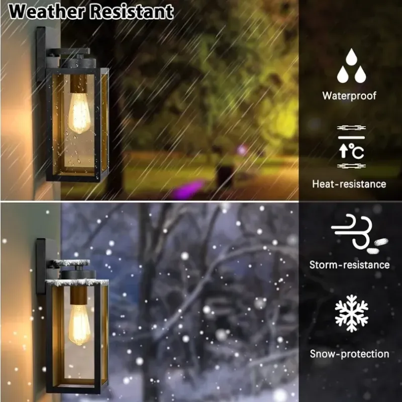 Iluminación de pared exterior, linternas impermeables exteriores, esconces de porche, iluminación montada en pared con soportes E26 y tonos de vidrio, lámparas de pared negras mate modernas para entrada de puerta frontal de patio, 2-Pack