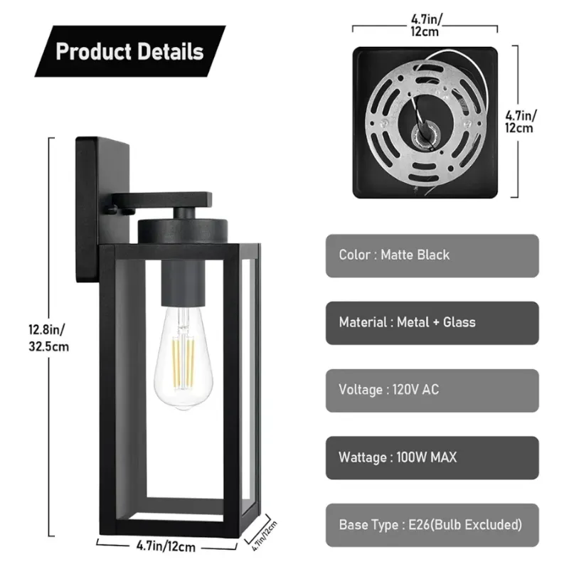 Iluminación de pared exterior, linternas impermeables exteriores, esconces de porche, iluminación montada en pared con soportes E26 y tonos de vidrio, lámparas de pared negras mate modernas para entrada de puerta frontal de patio, 2-Pack