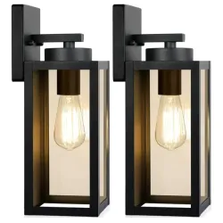 Iluminación de pared exterior, linternas impermeables exteriores, esconces de porche, iluminación montada en pared con soportes E26 y tonos de vidrio, lámparas de pared negras mate modernas para entrada de puerta frontal de patio, 2-Pack