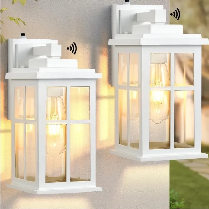 Iluminación exterior blanca, 2 empaques de atardecer a amanecer, luces de porche antirroxadas, iluminación exterior de anochecer a amanecer para casa, garaje, jardín, entrada, puerta de entrada, puerta de entrada.