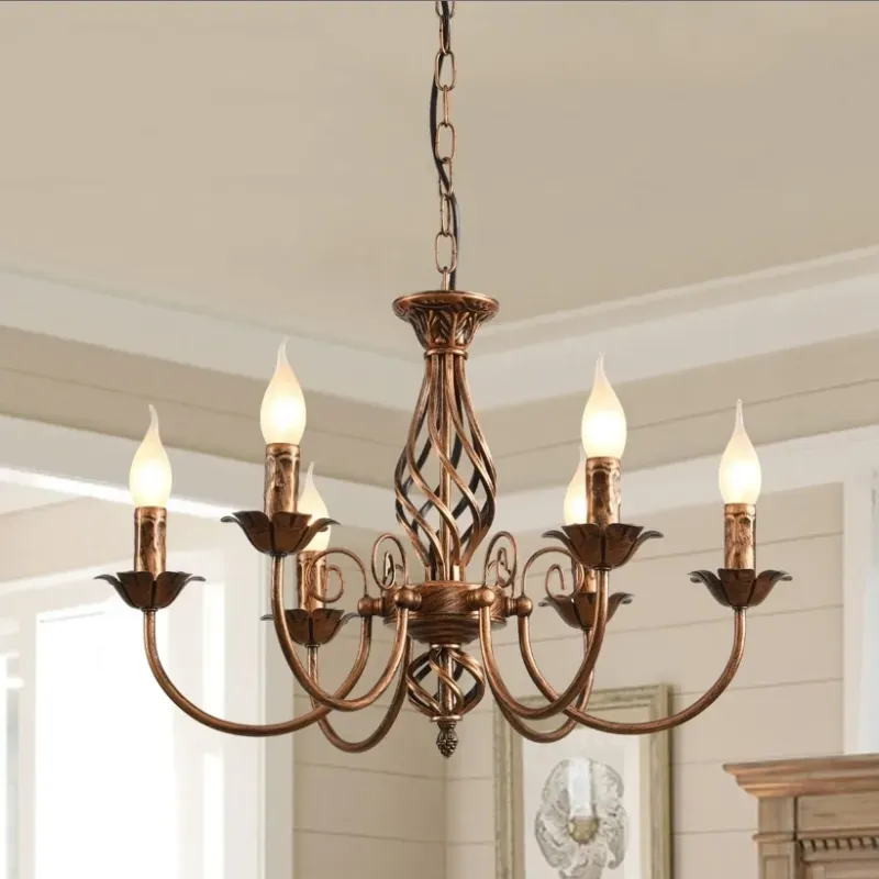 Jaycomey Farmhouse Chandelier Bronze, Rustic 6 Light French Country Pendant Light Fixture, Vintage Metal Chandelier para comedor Cocina Sala de estar Sala de estar Pasillo de dormitorio, E12 Base