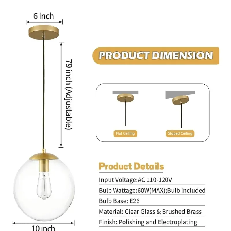 KoKo&Yukina 10" Globo Pendiente Luz Oro Medio Siglo Pendiente Globo de cristal Ligero Fixtura de luz moderna de mediados de siglo Fixtura de latón cepillado Acabado con Lámpara de cristal transparente para el dormitorio del comedor.