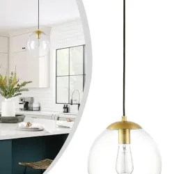 KoKo&Yukina 10" Globo Pendiente Luz Oro Medio Siglo Pendiente Globo de cristal Ligero Fixtura de luz moderna de mediados de siglo Fixtura de latón cepillado Acabado con Lámpara de cristal transparente para el dormitorio del comedor.