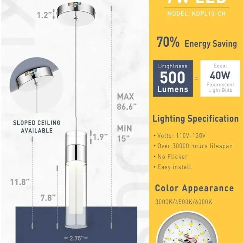 Kudos Chrome Pendant Light Fixtures, modernas luces LED con vidrio transparente y vidrio lechoso, luces colgantes para Kitchen Island