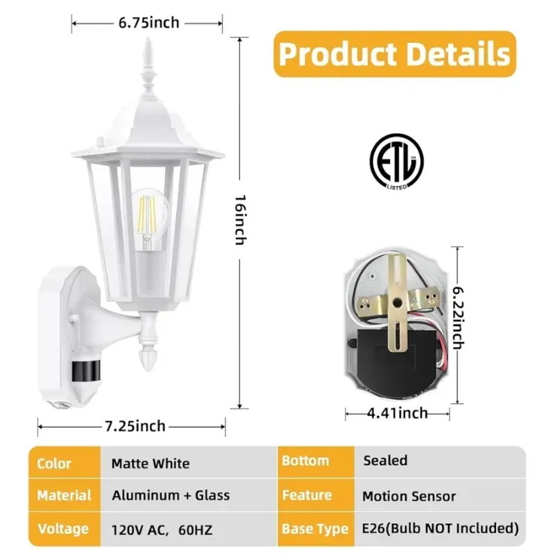 Lamomo Motion Sensor de movimiento Luces exteriores, Al atardecer hasta amanecer Lámpara exterior blanco Fixturas de luz exterior montadas en pared, luces de porche impermeables de aluminio 100% antirroxante para garaje de puerta frontal del patio