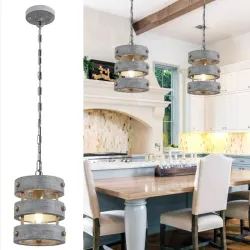 Lámpara colgante de granja de 1 luz, iluminación colgante rústica de 7 pulgadas, color gris y dorado, lámpara colgante de madera maciza para cocina, isla, comedor, bar, pasillo