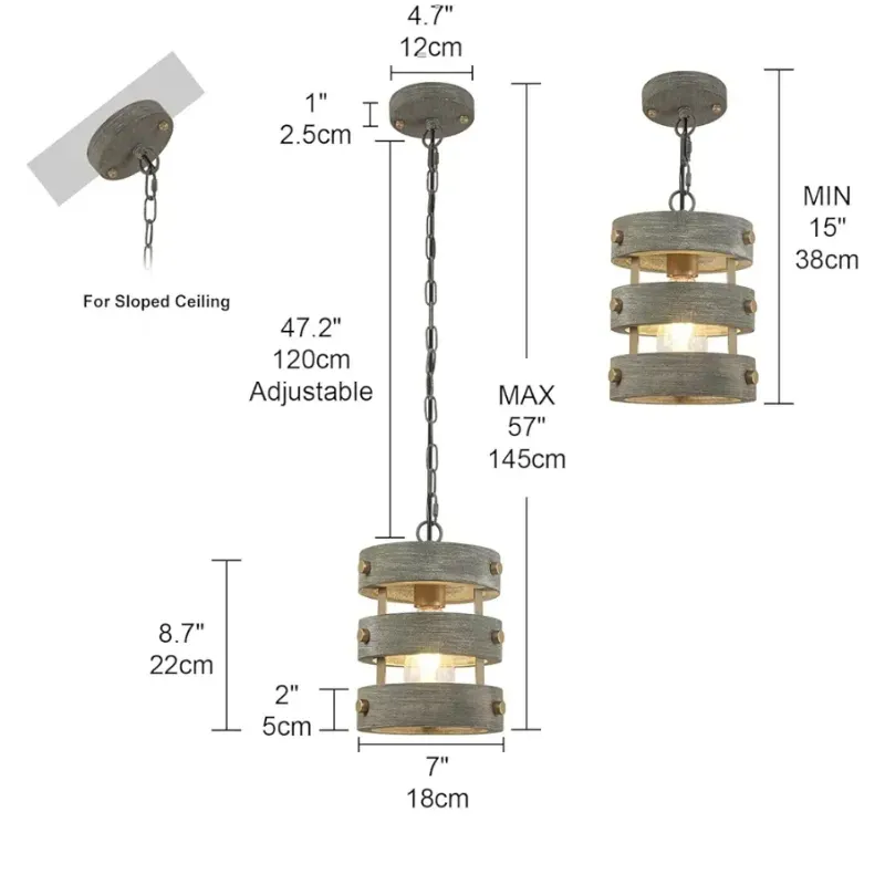 Lámpara colgante de granja de 1 luz, iluminación colgante rústica de 7 pulgadas, color gris y dorado, lámpara colgante de madera maciza para cocina, isla, comedor, bar, pasillo
