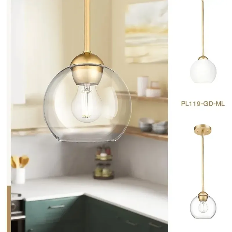 Luces colgantes modernas de globo de 7 pulgadas, lámparas colgantes industriales doradas, luces colgantes de 1 luz con pantalla de vidrio transparente para isla de cocina, dormitorio, baño,