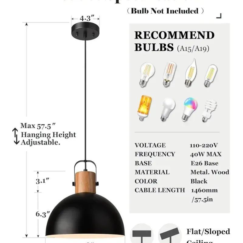 Lámpara colgante de madera para isla de cocina, con metal negro hecho, lámparas industriales de cocina sobre la isla, con certificación ETL