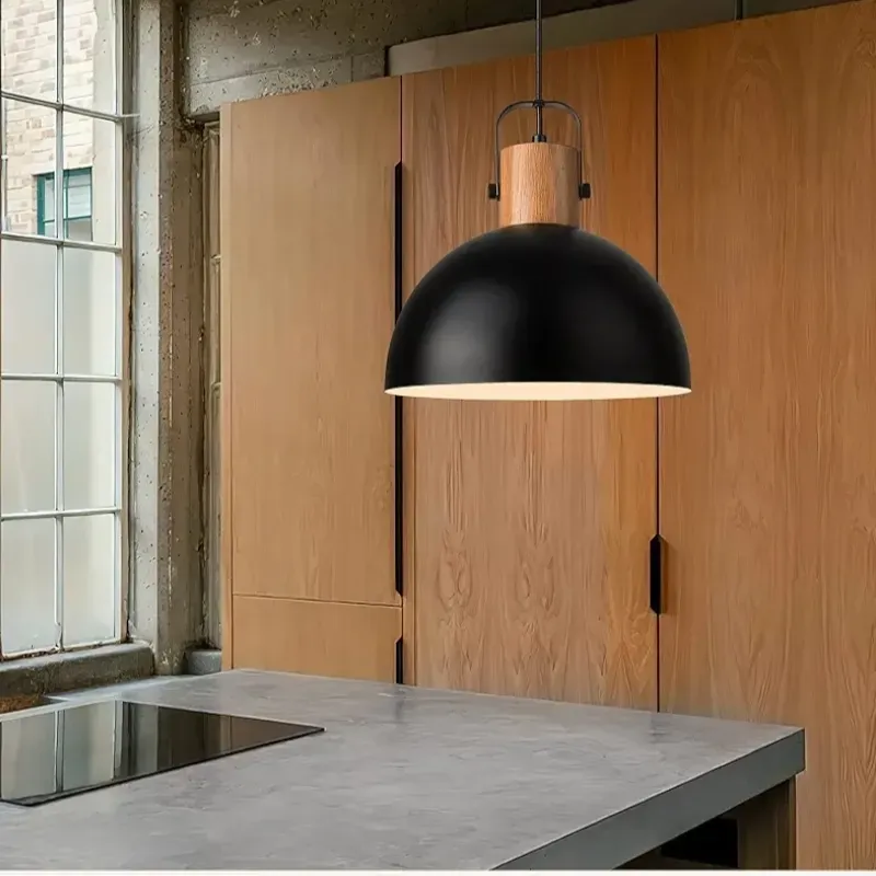 Lámpara colgante de madera para isla de cocina, con metal negro hecho, lámparas industriales de cocina sobre la isla, con certificación ETL