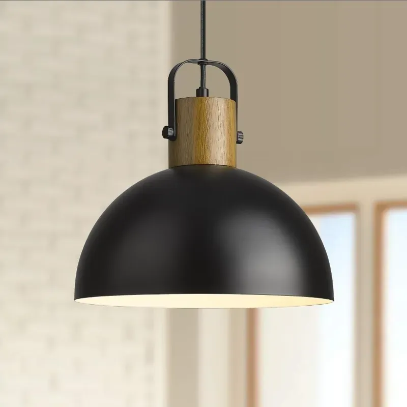 Lámpara colgante de madera para isla de cocina, con metal negro hecho, lámparas industriales de cocina sobre la isla, con certificación ETL