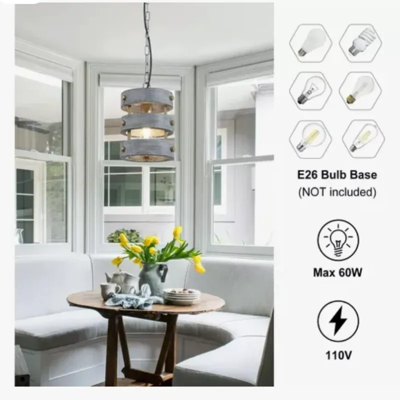 Lámpara colgante de granja de 1 luz, iluminación colgante rústica de 7 pulgadas, color gris y dorado, lámpara colgante de madera maciza para cocina, isla, comedor, bar, pasillo