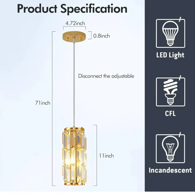 Lámpara Colgante Moderna de Estilo Industrial Lámpara Colgante de Cristal para Techo Isla de Cocina Lámparas Colgantes para Salón Dormitorio Restaurante Lámpara de araña (Gold,1-Light)