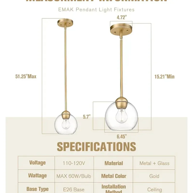 Luces colgantes modernas de globo de 7 pulgadas, lámparas colgantes industriales doradas, luces colgantes de 1 luz con pantalla de vidrio transparente para isla de cocina, dormitorio, baño,