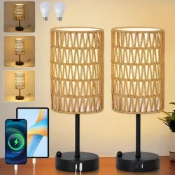 Lampara de mesa de ratan con cargador usb