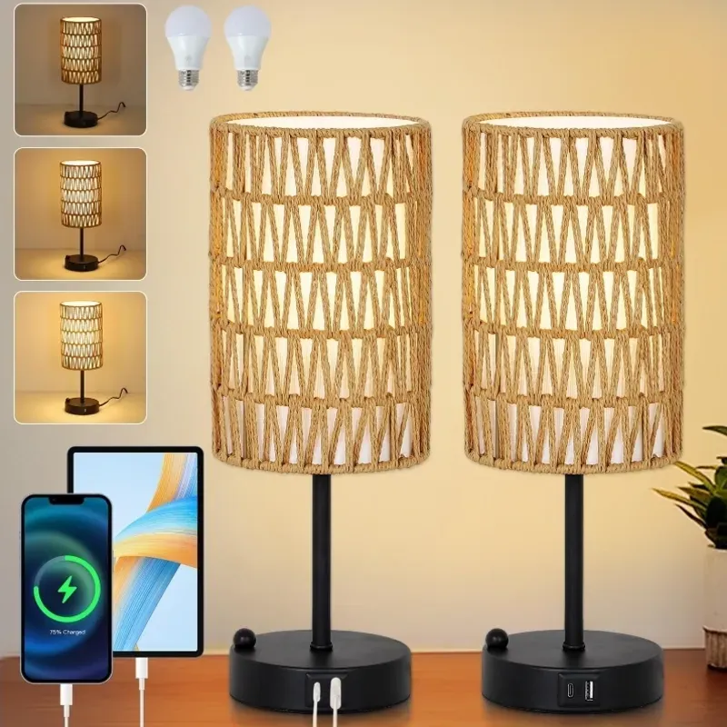 Lampara de mesa de ratan con cargador usb