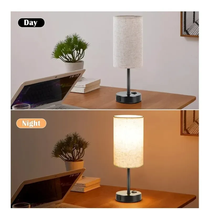 Lámparas de mesa para el dormitorio Juego de 2, lámparas pequeñas junto al lecho con interruptor de roca tenible tridireccional y salida de CA, lámpara de escritorio de soporte nocturno con sombra de tela lino Base negra para el hogar de la sala de estar