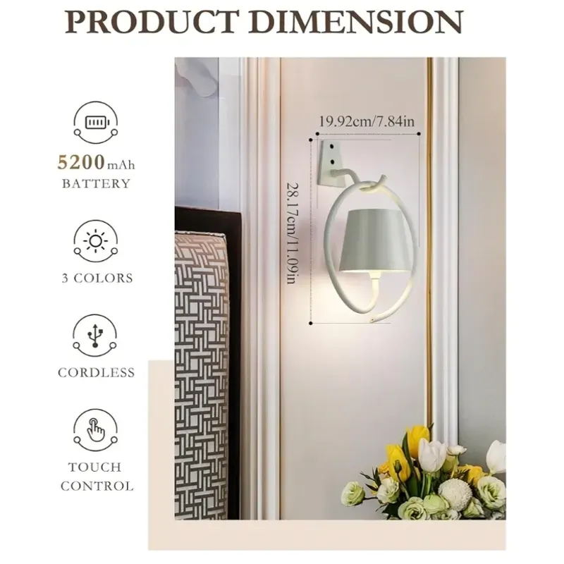 Lámpara de pared inalámbrica, recargable, funciona con pilas, juego de 2, 3 colores de atenuación continua, lámpara de pared para lámpara a pilas para imagen, dormitorio, sala de estar,
