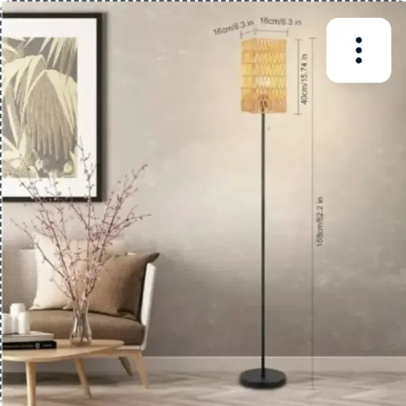Lámpara de pie para sala de estar, lámpara de pie cuadrada de ratán de granja, lámpara de pie moderna con pantalla de ratán trabajada a mano, lámpara alta negra con interruptor de cadena,