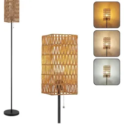 Lámpara de pie para sala de estar, lámpara de pie cuadrada de ratán de granja, lámpara de pie moderna con pantalla de ratán trabajada a mano, lámpara alta negra con interruptor de cadena,