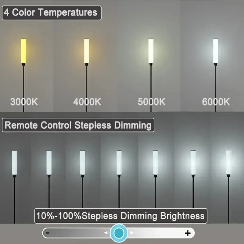 Lámpara de suelo con control remoto, lámparas de suelo brillante para sala de estar/dormitorio/oficina, colores ajustables ininterrumpidos 3000K-6000K y brillo del 10-100%, luz de pie con interruptor de pie (negro)