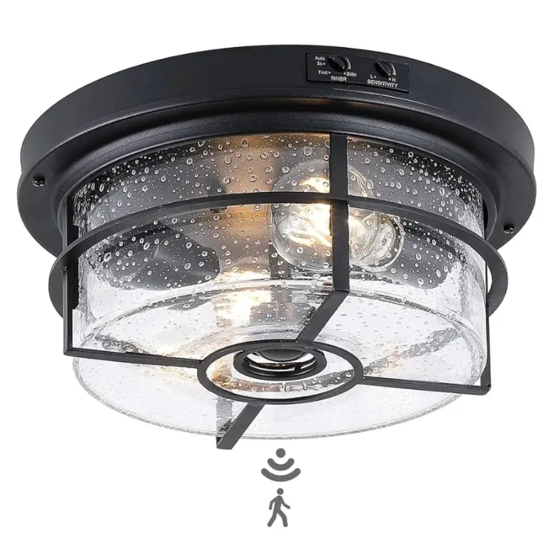 Lámpara de techo empotrada con sensor de movimiento para exteriores, elegante exterior redondo con vidrio transparente semillado, perfecta para porche delantero, garaje, entrada
