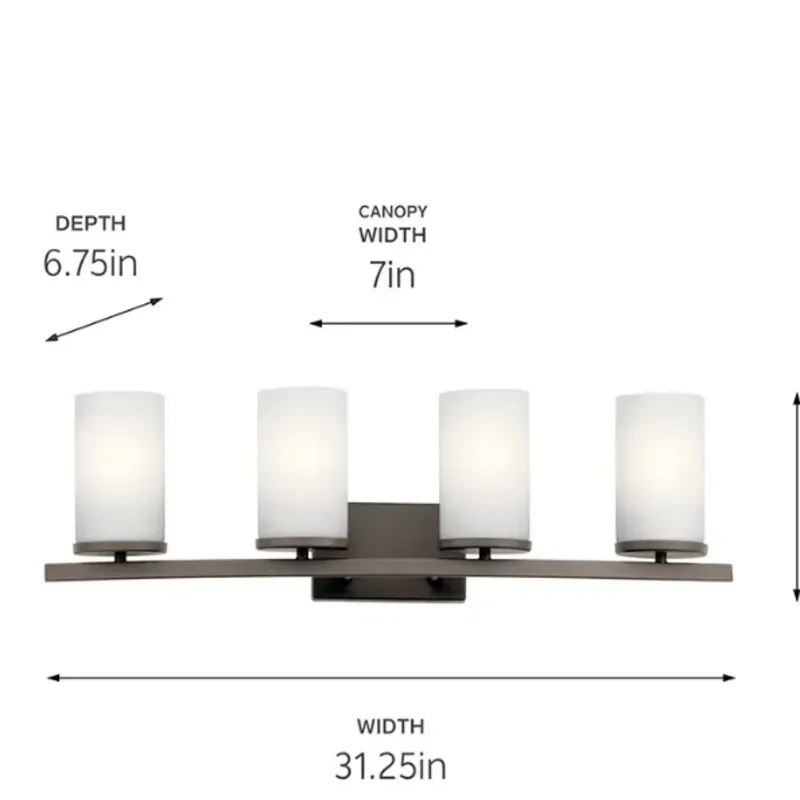 Lámpara de tocador Crosby  4 luces   Vidrio opalino encajonado y grabado satinado   Tamaño : 31 " de ancho x 8,75 " de alto