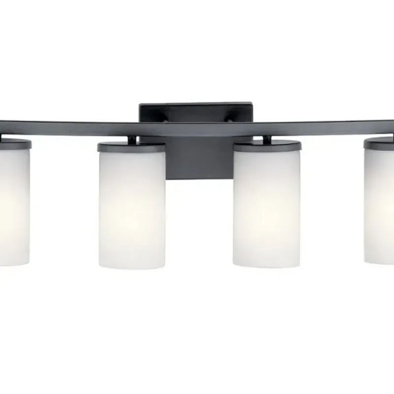 Lámpara de tocador Crosby  4 luces   Vidrio opalino encajonado y grabado satinado   Tamaño : 31 " de ancho x 8,75 " de alto