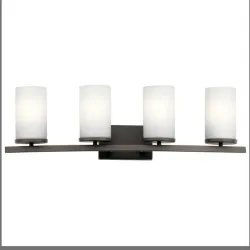 Lámpara de tocador Crosby  4 luces   Vidrio opalino encajonado y grabado satinado   Tamaño : 31 " de ancho x 8,75 " de alto