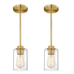 Luces colgantes para isla de cocina, paquete de 2 unidades, color dorado con pantalla de vidrio transparente, iluminación colgante de cocina sobre isla