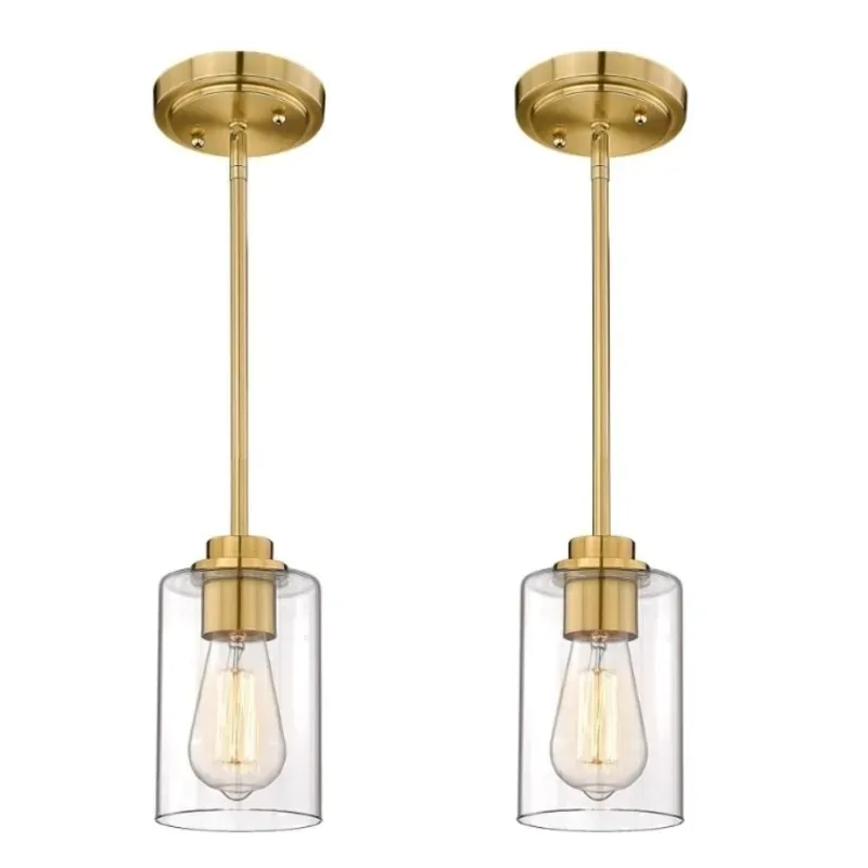 Luces colgantes para isla de cocina, paquete de 2 unidades, color dorado con pantalla de vidrio transparente, iluminación colgante de cocina sobre isla