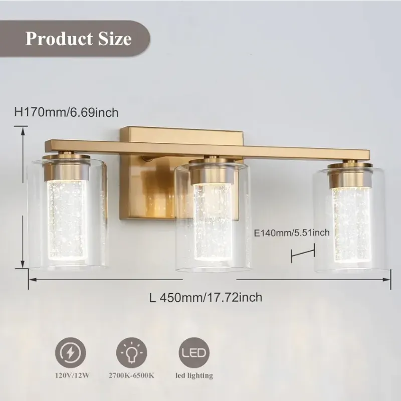 Lámparas de baño doradas de 3 luces, luces LED regulables de 5CCT con burbuja de cristal y vidrio transparente, luces de baño de latón cepillado ajustables de 2700 K-6500 K sobre espejo 