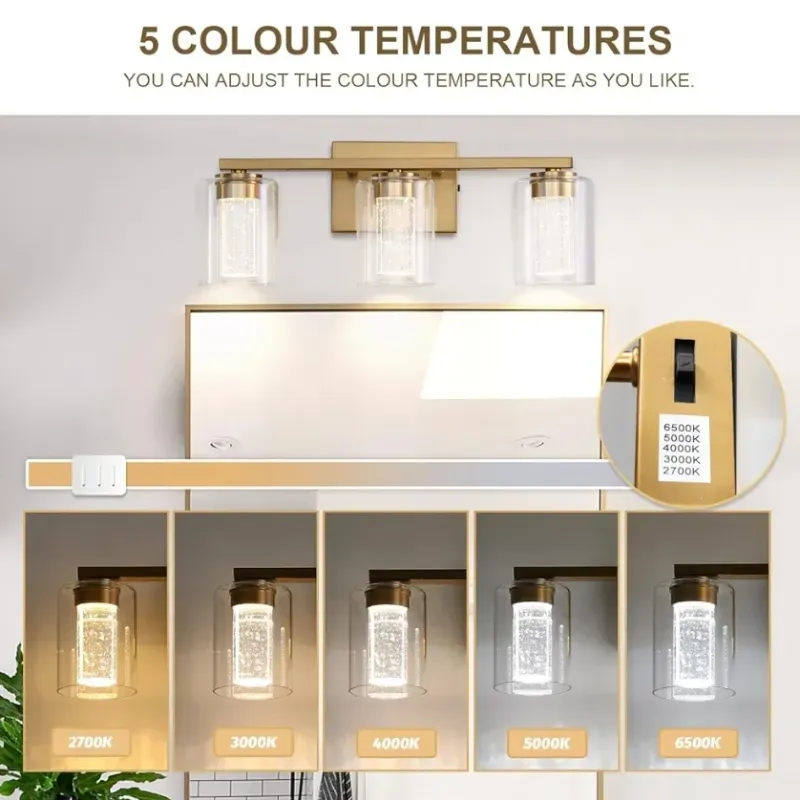 Lámparas de baño doradas de 3 luces, luces LED regulables de 5CCT con burbuja de cristal y vidrio transparente, luces de baño de latón cepillado ajustables de 2700 K-6500 K sobre espejo 