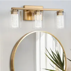 Lámparas de baño doradas de 3 luces, luces LED regulables de 5CCT con burbuja de cristal y vidrio transparente, luces de baño de latón cepillado ajustables de 2700 K-6500 K sobre espejo 