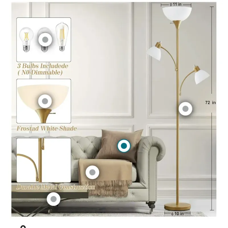 Lámparas de piso de Luvkczc para sala de estar, lámparas de pie altas de 72 pulgadas, lámpara de antorcha con luces de lectura ajustables de 8W, lámpara de piso brillante moderna para dormitorio, oficina, tocador, oro .