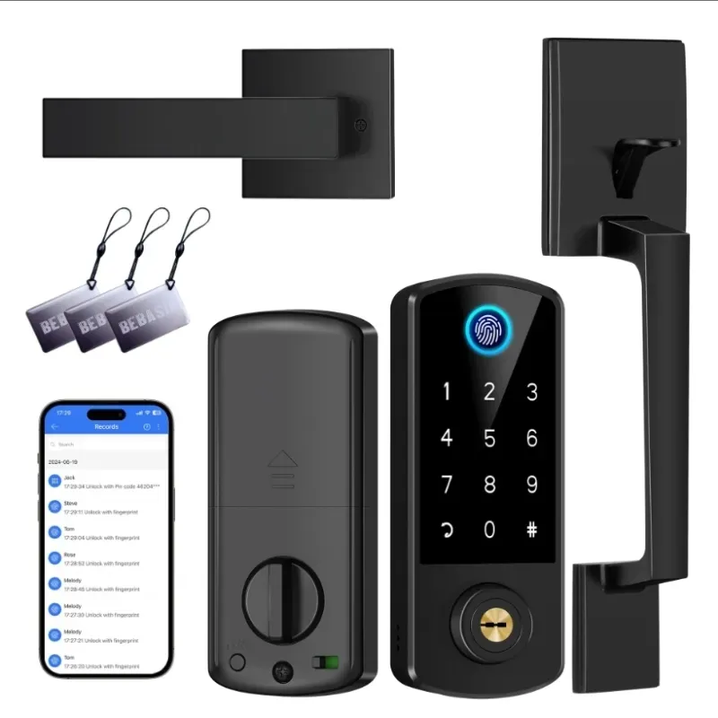 Llave sin llave Puerta De Puerta Con Juego De Mangosto, BEBASIA Huella Dactilar APP Bloqueo De Puertas Inteligentes, Llave Digital Bluetooth Deadbolt Lockset Con Código De Bloqueo Automático Fob Negro