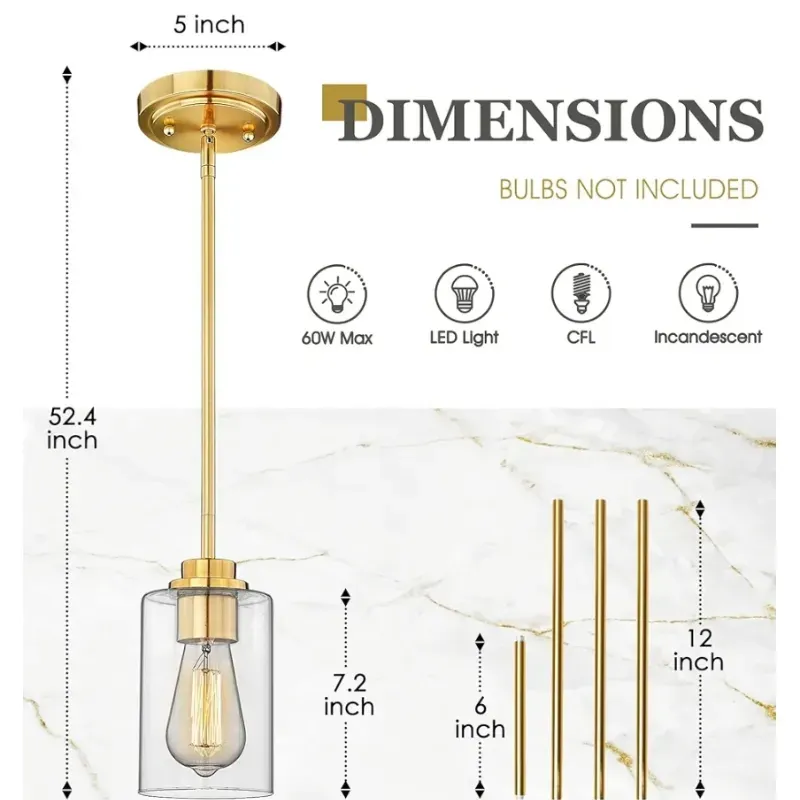 Luces colgantes para isla de cocina, paquete de 2 unidades, color dorado con pantalla de vidrio transparente, iluminación colgante de cocina sobre isla