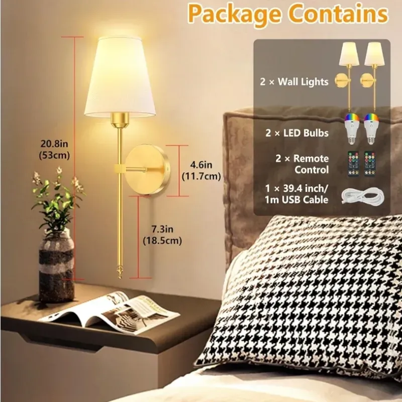 Luces de pared Batería Concesiones de pared operadas por baterías Conjunto de 2 Concesiones de pared inalámbricas de oro con modelos de pared remotos y 9 colores Lámpara de pared recargable para la sala de estar del dormitorio