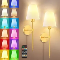 Luces de pared Batería Concesiones de pared operadas por baterías Conjunto de 2 Concesiones de pared inalámbricas de oro con modelos de pared remotos y 9 colores Lámpara de pared recargable para la sala de estar del dormitorio