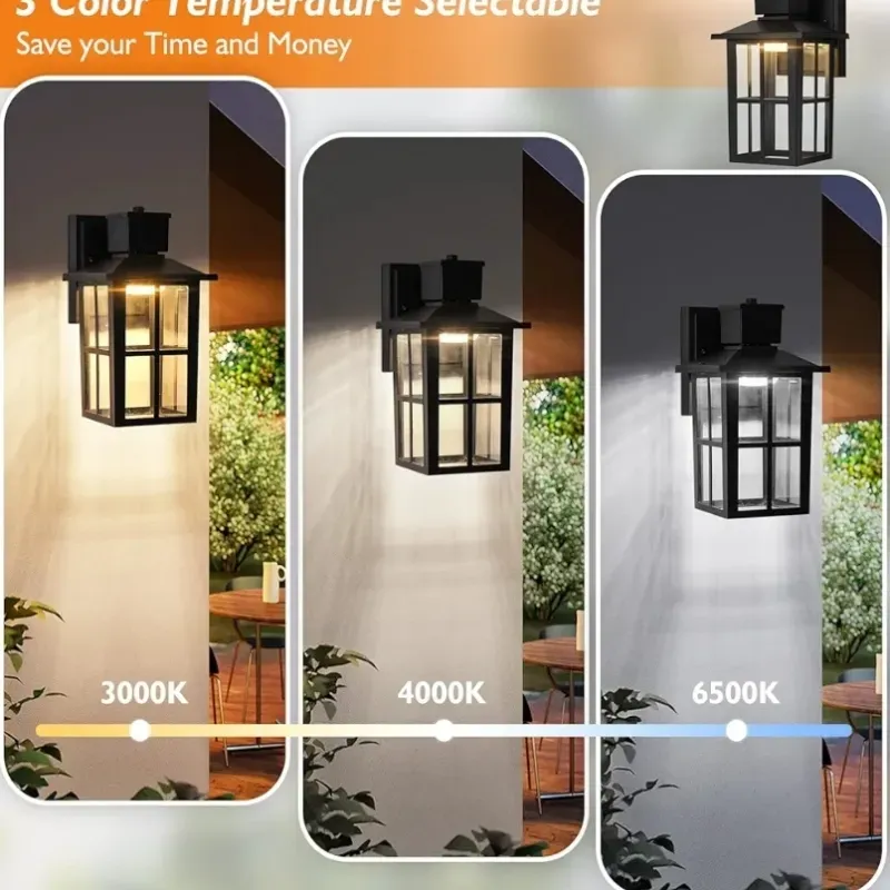 Luces de pared exteriores LED más brillantes, seleccionables a 10W 3000K/4000K/6500K, de 800LM de luz exterior negra de alto brillo con una tapa de cristal transparente, linternas de pared exteriores impermeables para Patio, 1 Pack